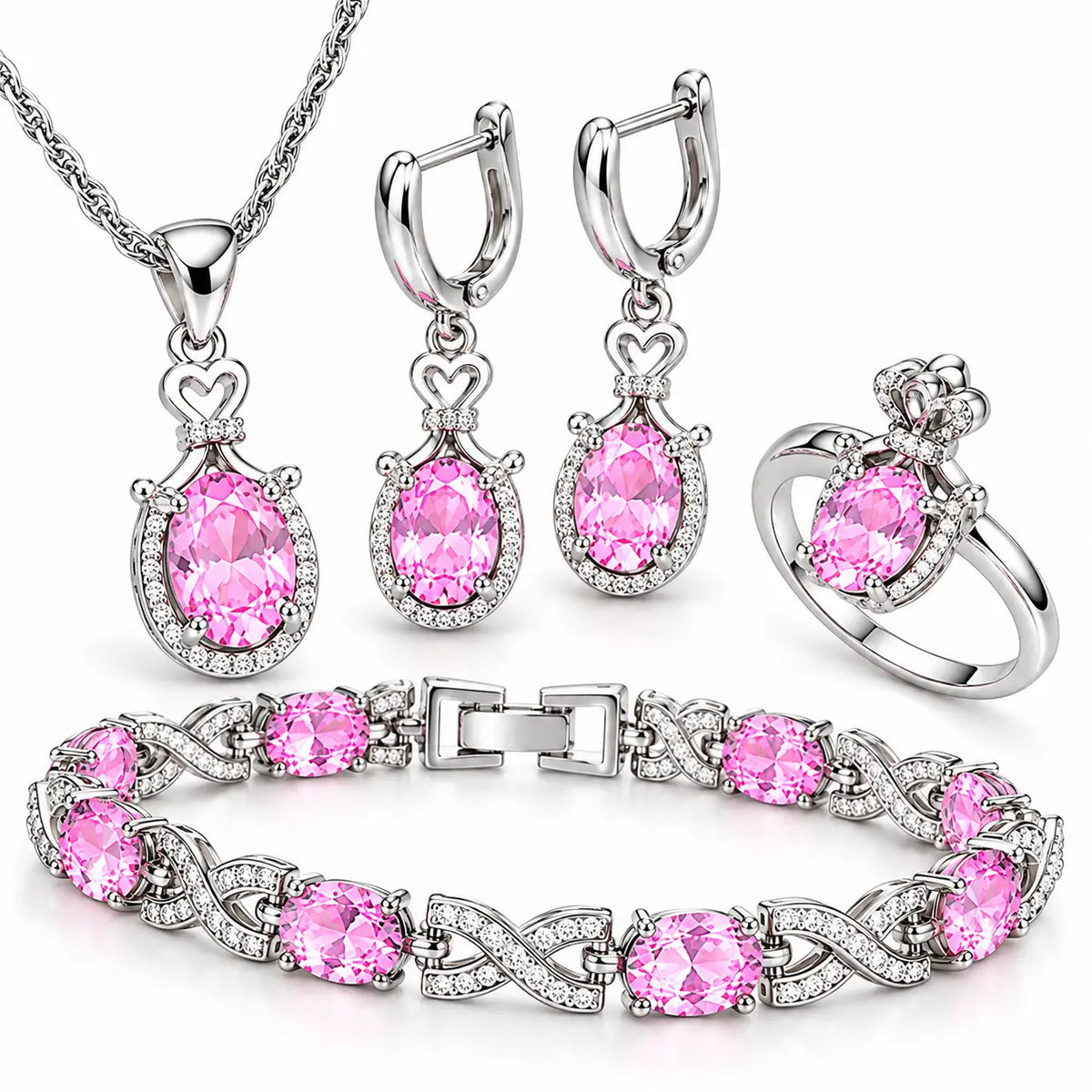 Conjunto Lumière prateado com pedras rosa mostrando colar, brincos, anel e pulseira