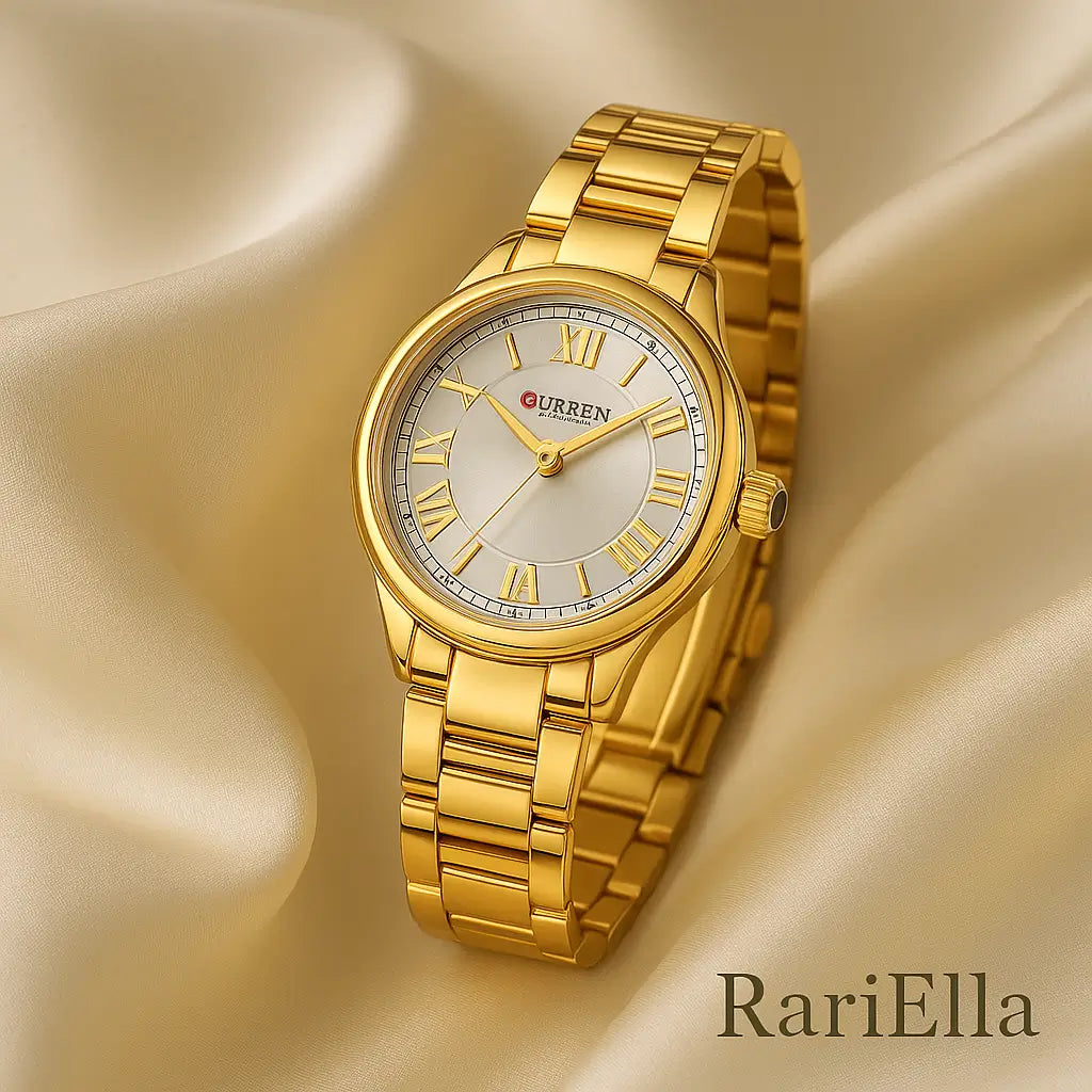 Relógio Feminino Curren Gold Majesty dourado em foto premium sobre tecido acetinado, destacando elegância e detalhes do mostrador.