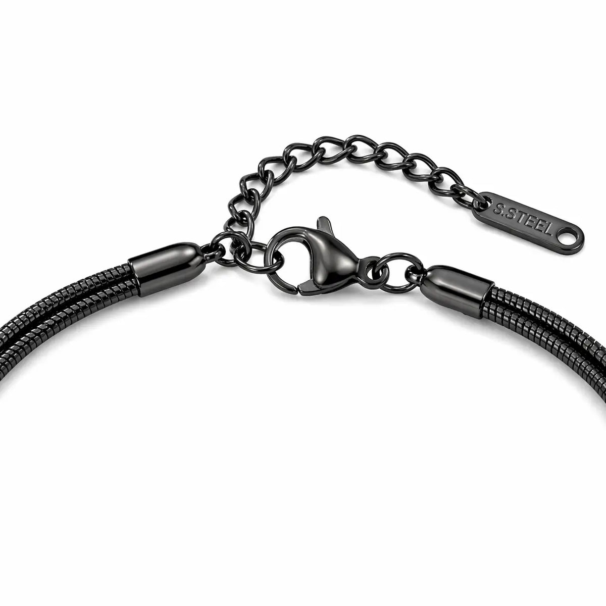 Detalhe da pulseira Snake Duo Love preta com nó central acabamento premium aço inox feminino