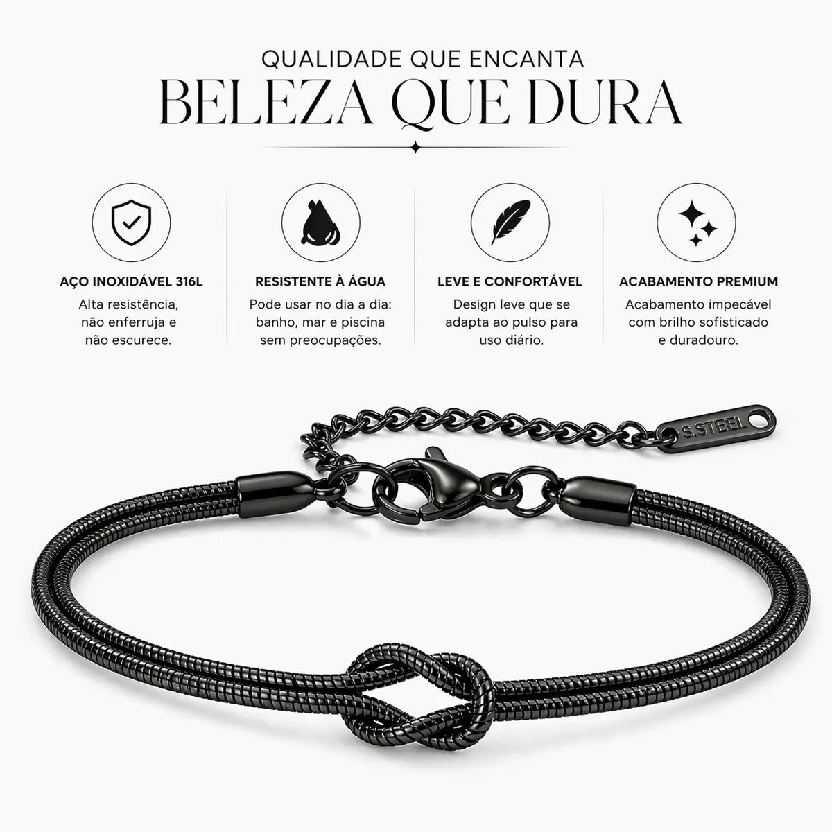 Pulseira feminina preta minimalista Snake Duo Love ângulo premium design moderno elegante