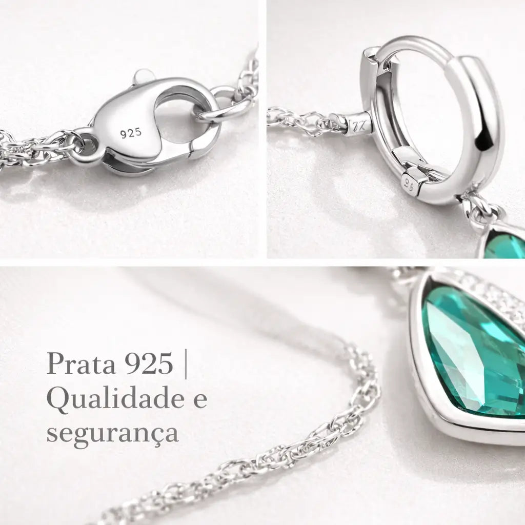 Detalhes de acabamento do Conjunto Esmeralda Lumière em Prata 925, mostrando fecho seguro, corrente refinada e qualidade do material.