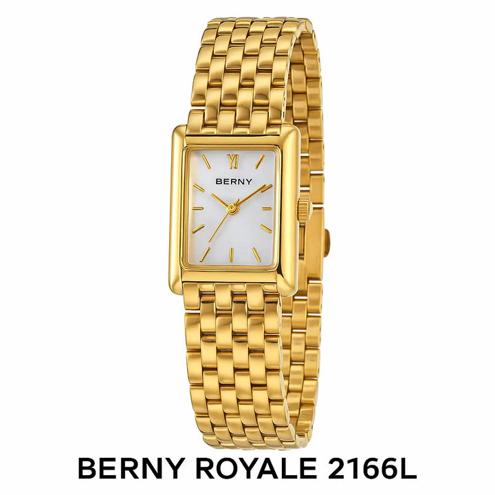 Relógio Feminino Berny Royale 2166L dourado, caixa retangular em aço inoxidável, pulseira de elos de luxo, fundo branco minimalista – imagem de produto em fundo branco 1200x1200.