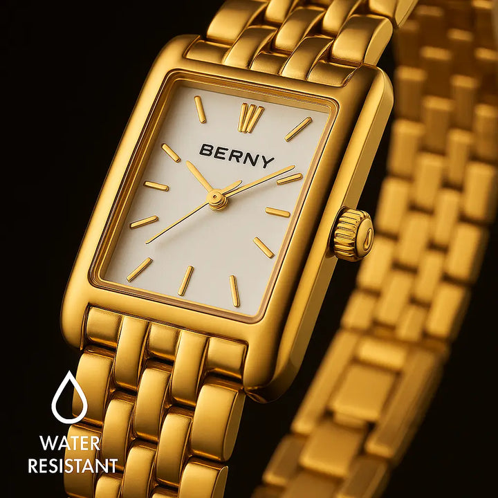 Relógio feminino Berny Royale 2166L dourado retangular, pulseira em aço inoxidável de luxo com detalhes premium e resistência à água, destaque close-up para brilho e acabamento sofisticado.