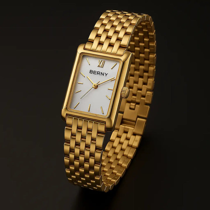 Relógio Feminino Berny Royale 2166L dourado, modelo retangular de luxo em aço inoxidável, pulseira premium e design elegante – RariElla.