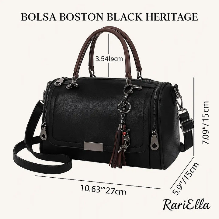 "Bolsa Boston Black Heritage RariElla exibida com medidas de 27 cm de largura, 18 cm de altura e 15 cm de profundidade, mostrando dimensões completas do modelo premium vintage