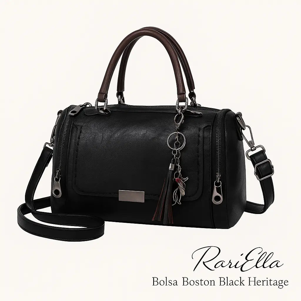 Bolsa Boston Black Heritage RariElla em fundo branco, modelo premium vintage com design estruturado, couro ecológico preto e alça dupla elegante.