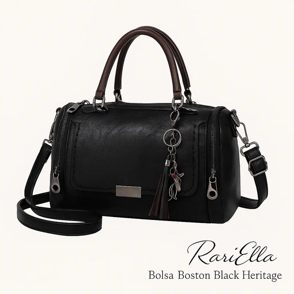 Bolsa Boston Black Heritage RariElla em fundo branco, modelo premium vintage com design estruturado, couro ecológico preto e alça dupla elegante.