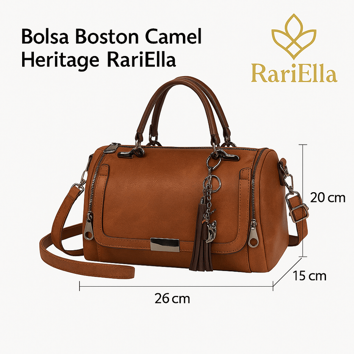 Bolsa Boston Camel Heritage RariElla em fundo branco, mostrando medidas 26 cm x 20 cm x 15 cm, modelo premium vintage em couro ecológico feminino