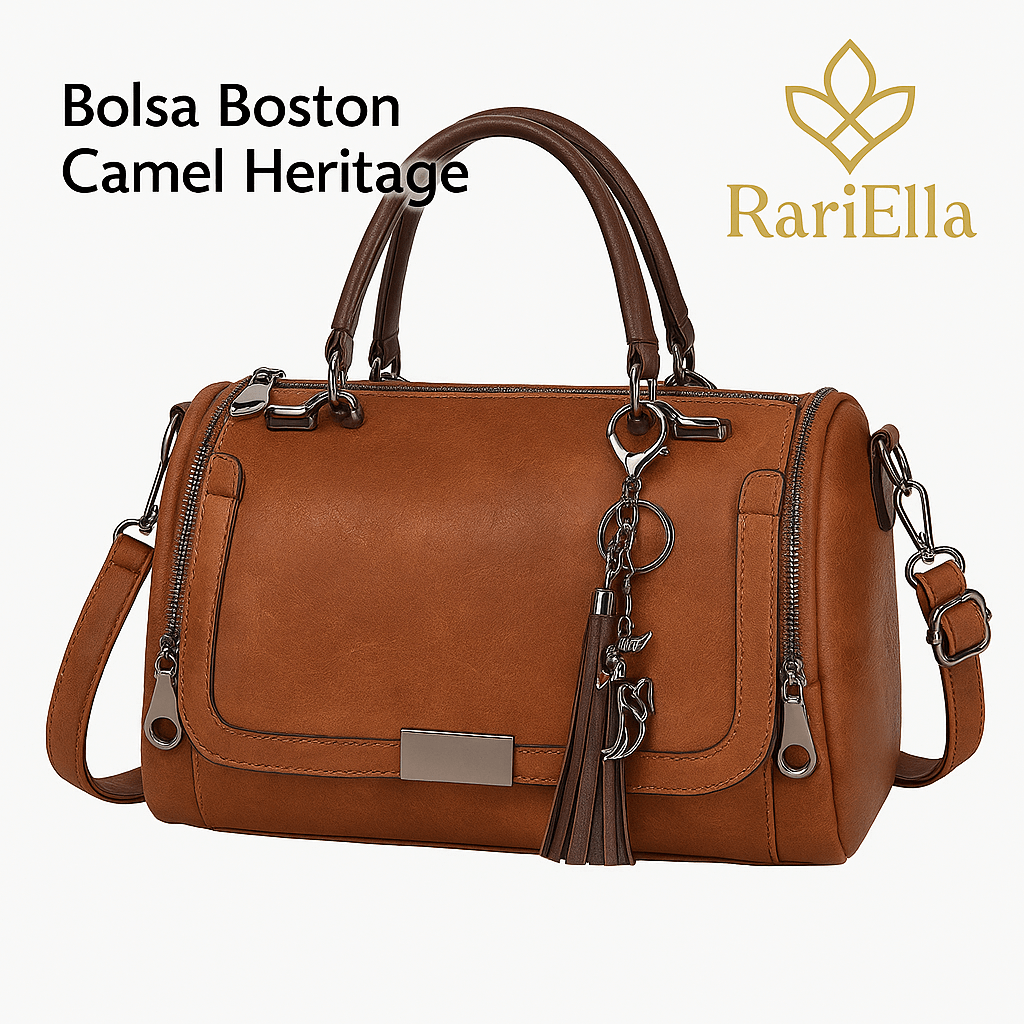 Bolsa Boston Camel Heritage RariElla em fundo branco, design vintage premium com alça dupla, tiracolo ajustável e detalhes em metal — foto profissional para e-commerce