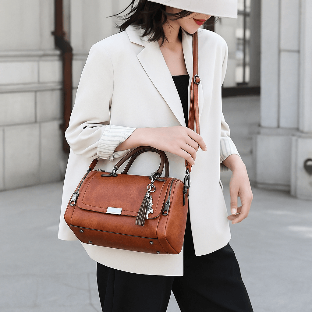 Mulher usando a Bolsa Boston Camel Heritage da RariElla, modelo vintage premium em couro sintético com alça tiracolo, exibida em look elegante ao ar livre.