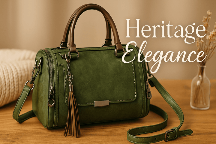 Bolsa Boston Green Heritage RariElla em ambiente premium, destacando textura em couro ecológico, acabamento vintage e visual elegante em tom verde militar.
