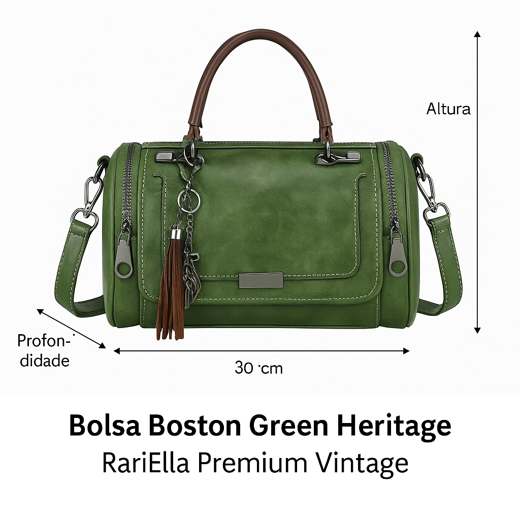 Bolsa Boston Green Heritage RariElla em couro ecológico verde militar, design vintage premium com alça ajustável, detalhes metálicos e tassel elegante — imagem frontal de alta qualidade