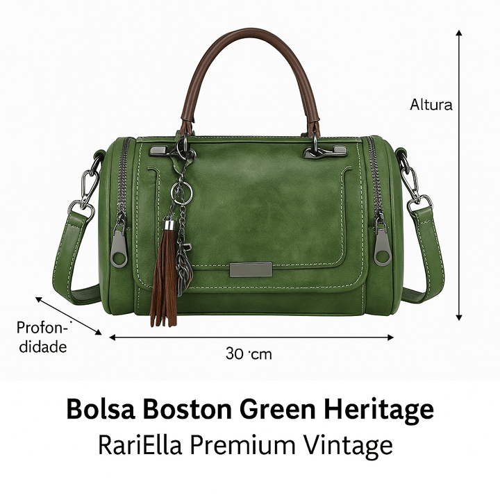 Bolsa Boston Green Heritage RariElla em couro ecológico verde militar, design vintage premium com alça ajustável, detalhes metálicos e tassel elegante — imagem frontal de alta qualidade