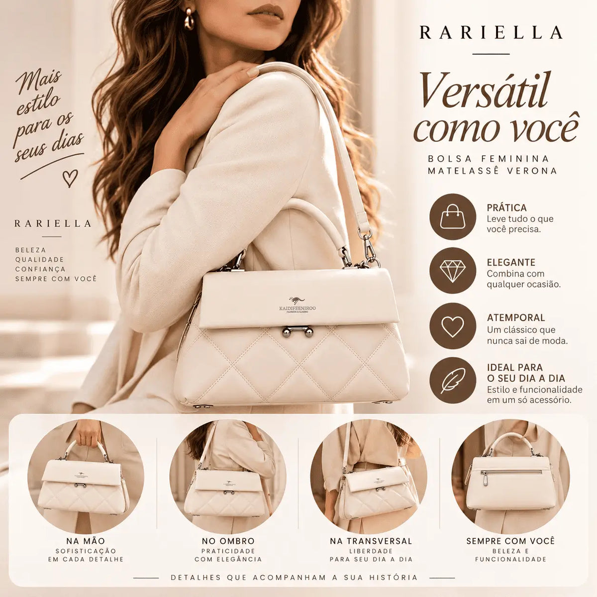 Mulher usando Bolsa Branca Feminina Matelassê Verona em produção sofisticada