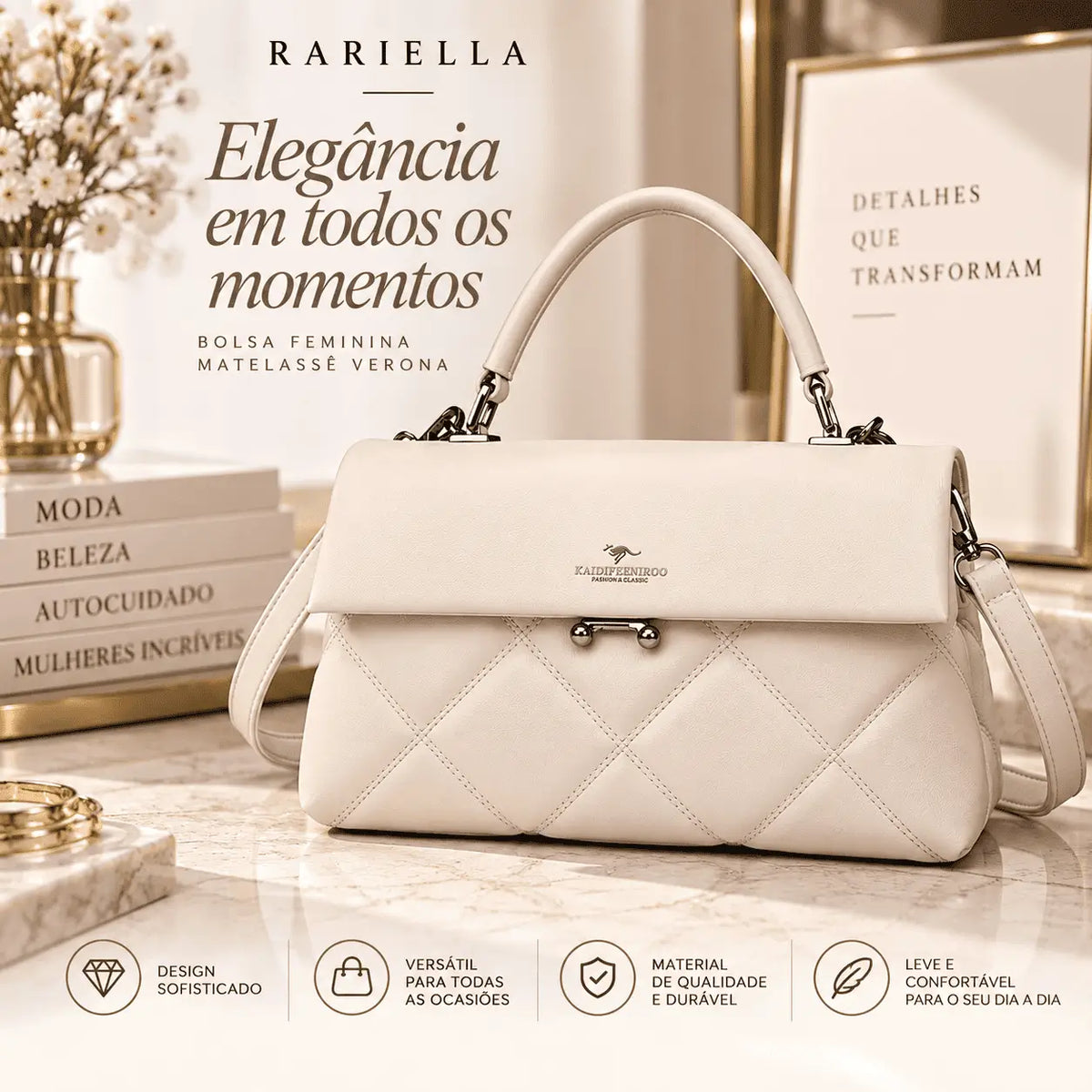 Bolsa Feminina Branca Matelassê Verona com detalhes do acabamento e design sofisticado