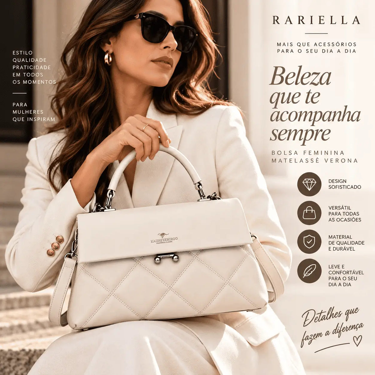 Mulher usando Bolsa Feminina Branca Matelassê Verona em look elegante