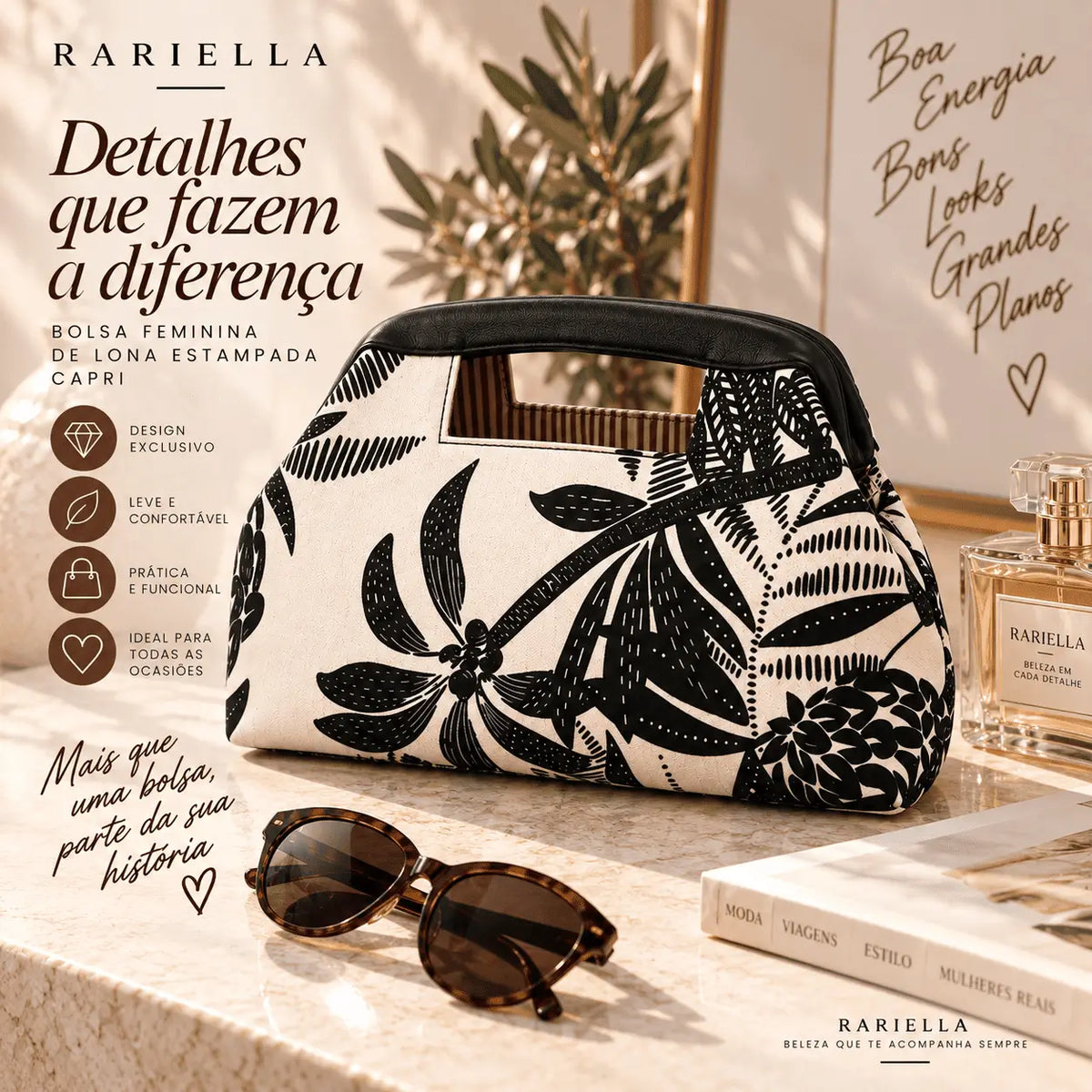 Detalhes da Bolsa Feminina Estampada Capri com alça preta e acabamento em lona