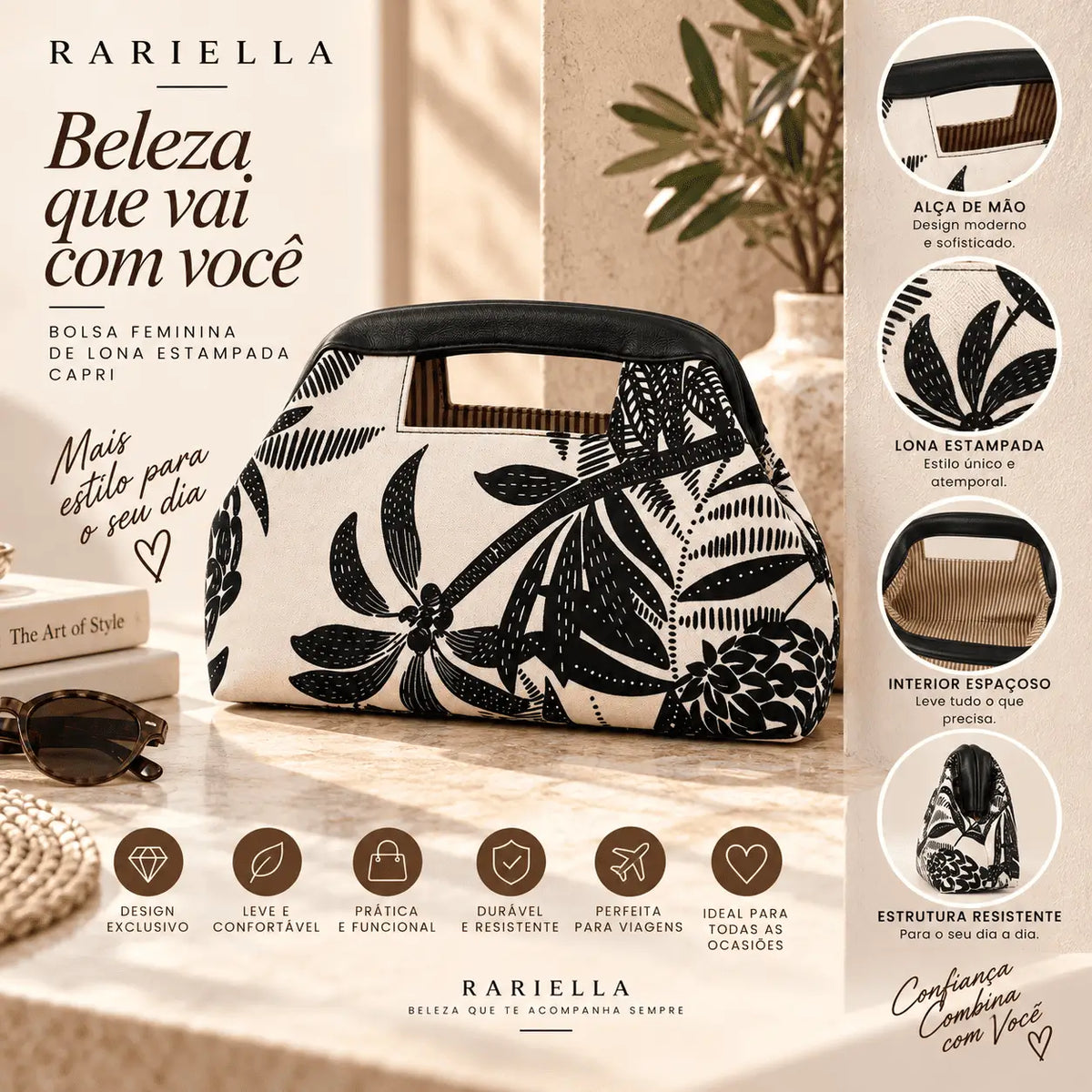 Bolsa Feminina de Lona Capri com design espaçoso e estampa de folhagens