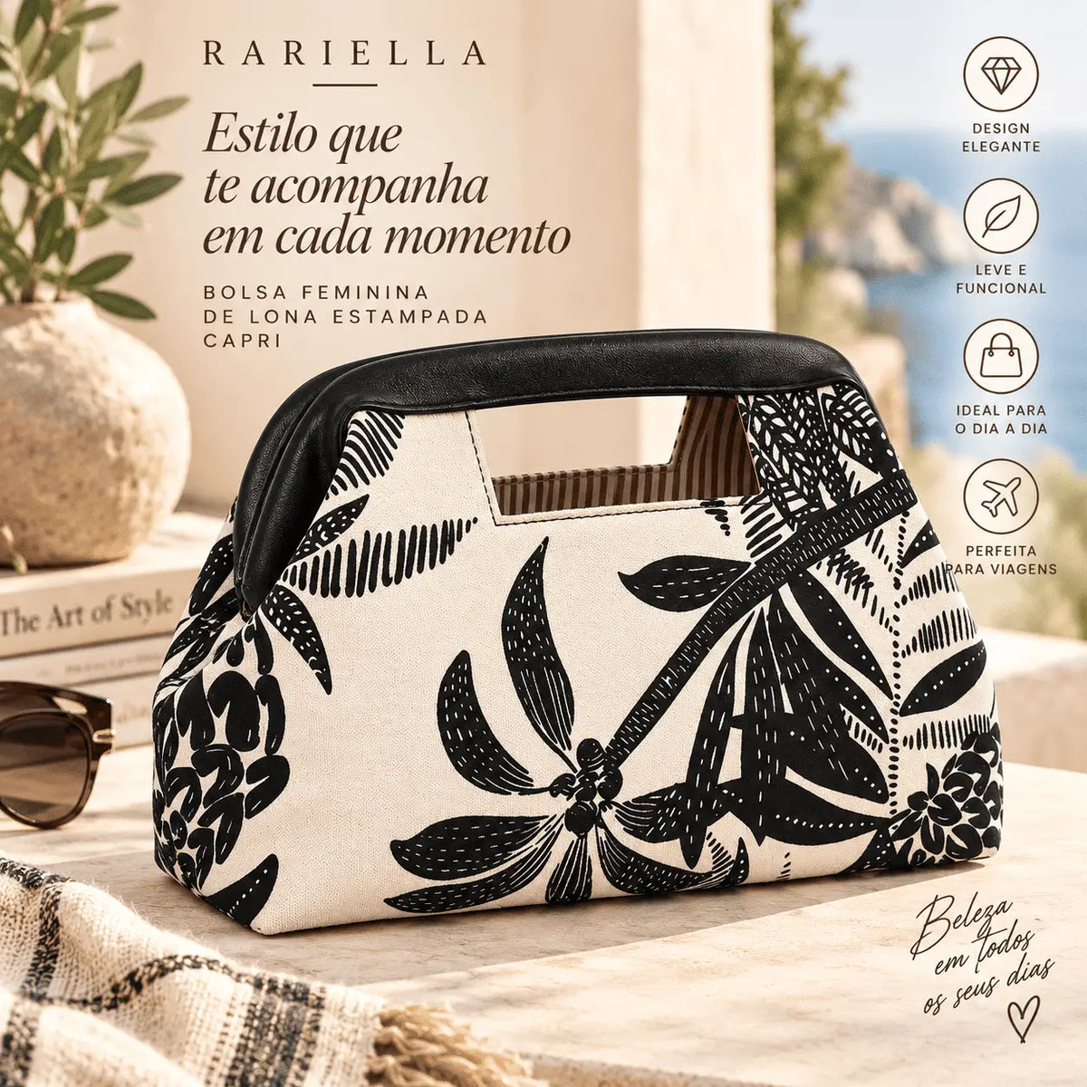 Bolsa Feminina de Lona Capri com estampa de folhagens em preto e branco