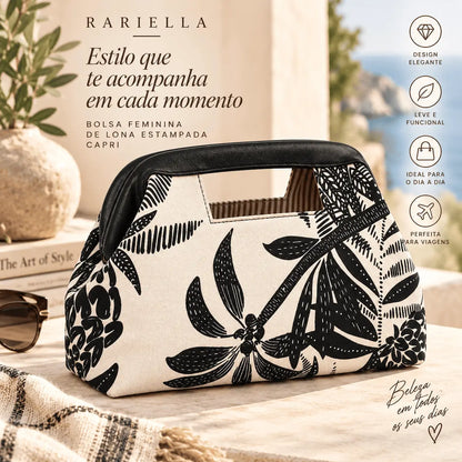 Bolsa Feminina de Lona Capri com estampa de folhagens em preto e branco