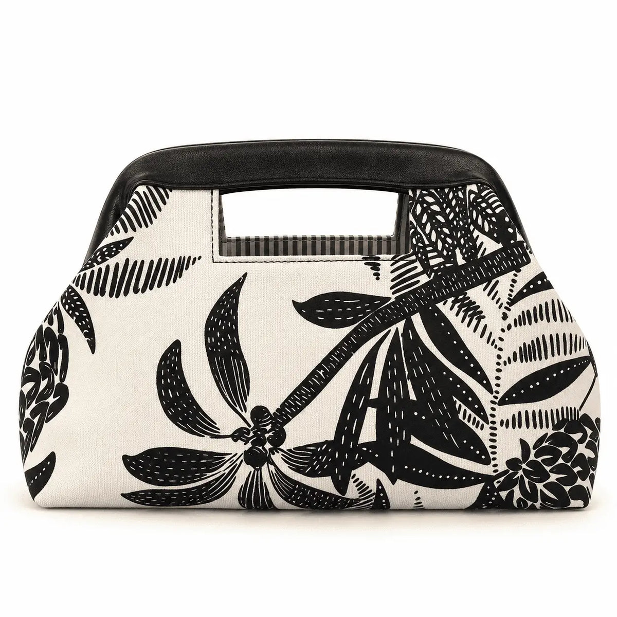 Bolsa Feminina de Lona Estampada Capri com estampa de folhagens e alça preta em fundo branco