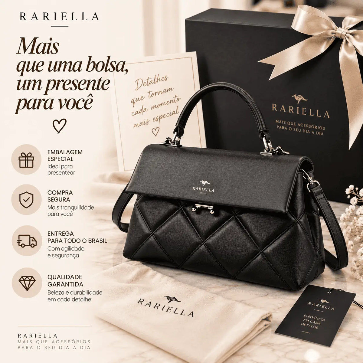 Bolsa Feminina Preta Matelassê Verona em composição sofisticada Rariella