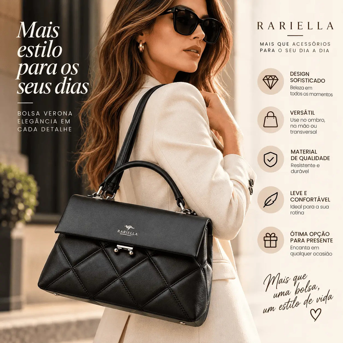 Bolsa Feminina Preta Matelassê Verona usada no ombro em composição feminina