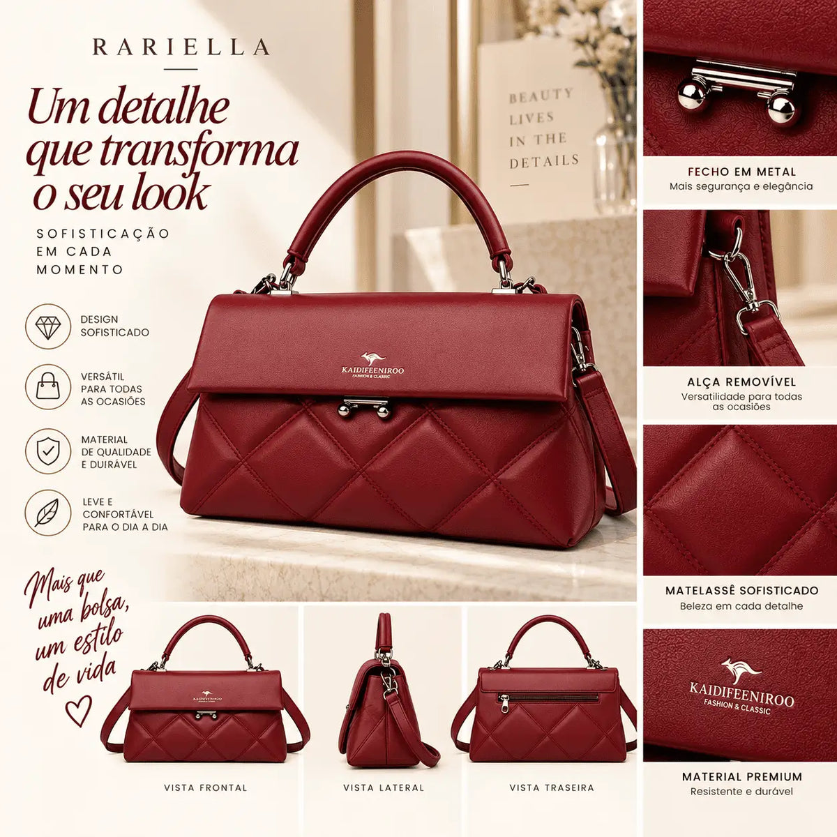 Bolsa Feminina Vermelha Matelassê Verona com detalhes do design e diferentes formas de uso
