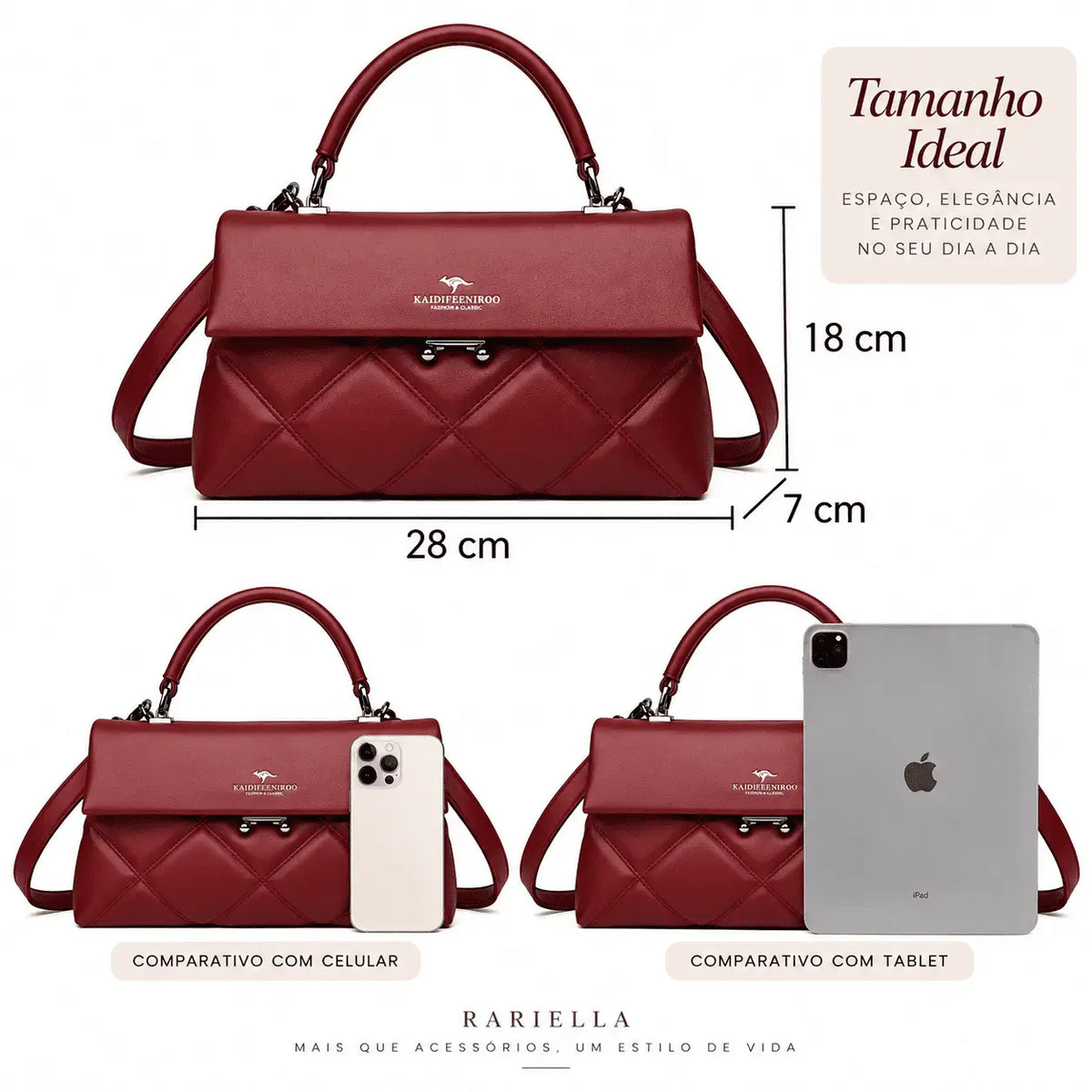 Bolsa Feminina Vermelha Matelassê Verona com vistas do design e medidas do produto