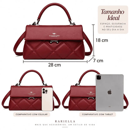 Bolsa Feminina Vermelha Matelassê Verona com vistas do design e medidas do produto