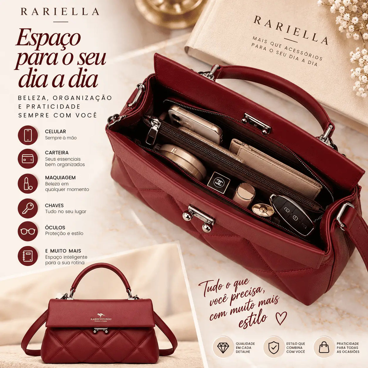 Interior da Bolsa Feminina Vermelha Verona com compartimentos para organizar itens pessoais