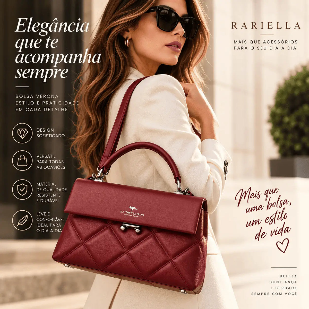 Mulher usando Bolsa Feminina Vermelha Matelassê Verona em look elegante
