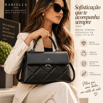 Mulher usando Bolsa Feminina Preta Matelassê Verona em look elegante