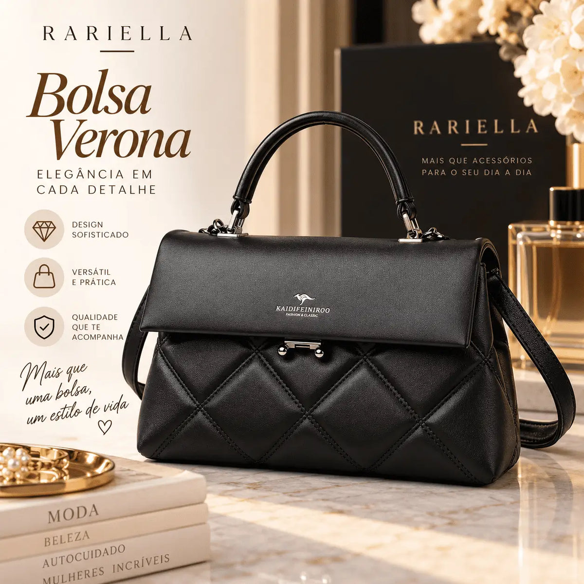 Bolsa Feminina Preta Matelassê Verona com acabamento sofisticado e detalhes elegantes
