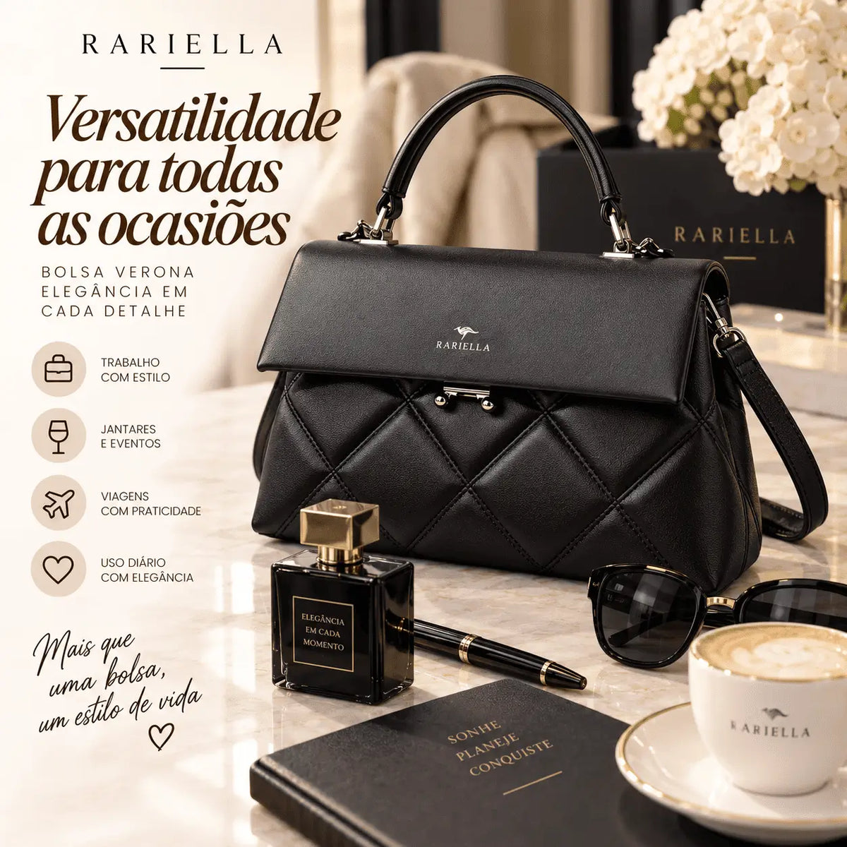 Bolsa Feminina Preta Matelassê Verona com alças para diferentes formas de uso
