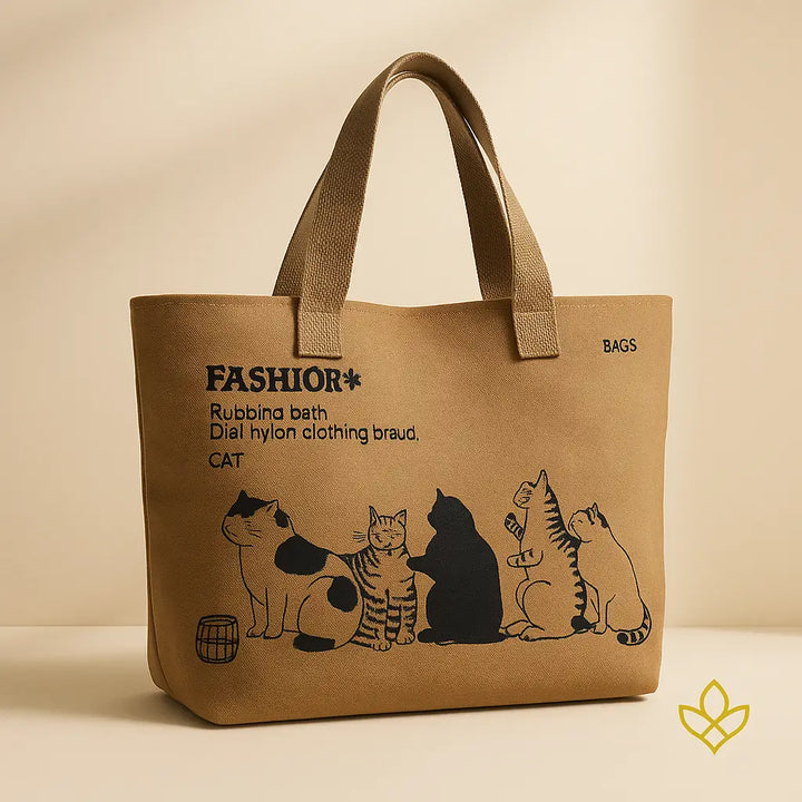 Bolsa tote khaki RariElla em canvas premium, modelo ecobag feminina com estampa de gatos, ideal para uso diário e estilo casual sofisticado, fotografia profissional estilo Sakina Zojwala.