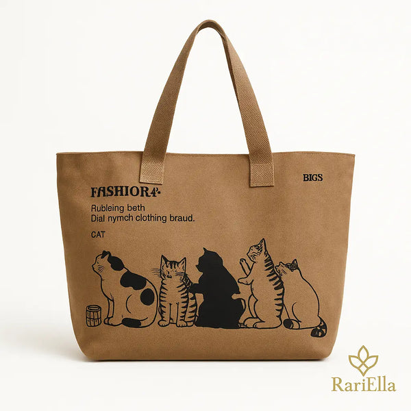 Bolsa tote khaki RariElla em canvas premium com estampa de gatos, fotografada em fundo branco para destaque do produto, estilo minimalista ideal para lojas femininas de acessórios.