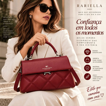 Mulher usando Bolsa Vermelha Feminina Verona com alça em produção sofisticada