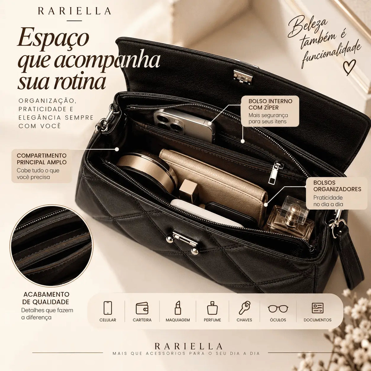 Interior espaçoso da Bolsa Feminina Preta Matelassê Verona com compartimentos