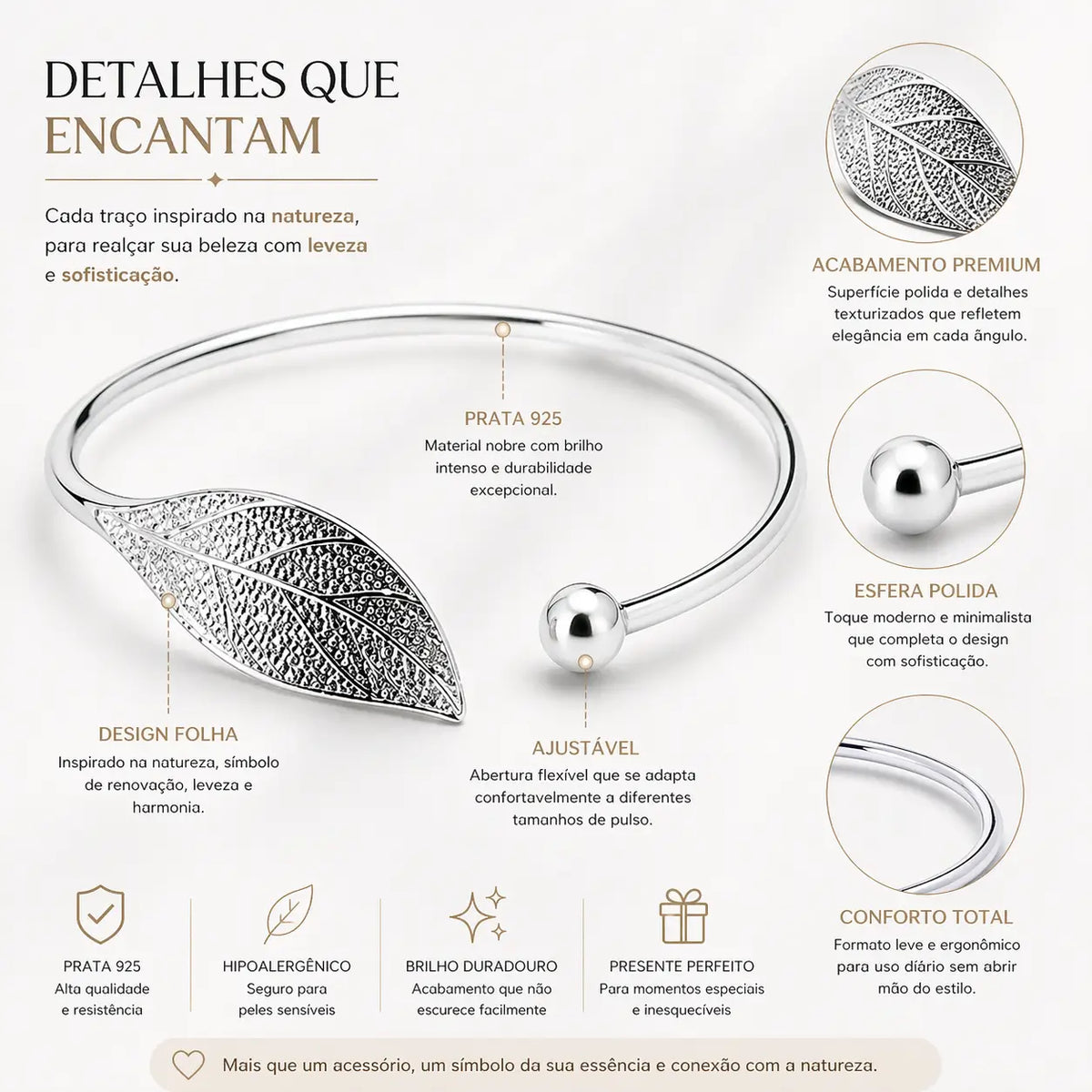 Detalhes do bracelete folha em prata 925 com acabamento premium e design natural