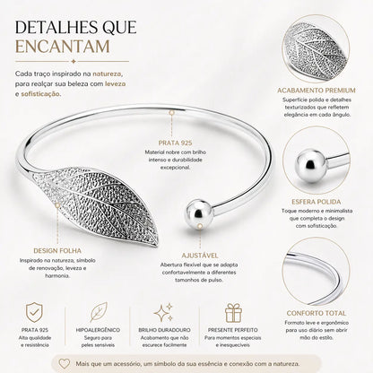 Detalhes do bracelete folha em prata 925 com acabamento premium e design natural