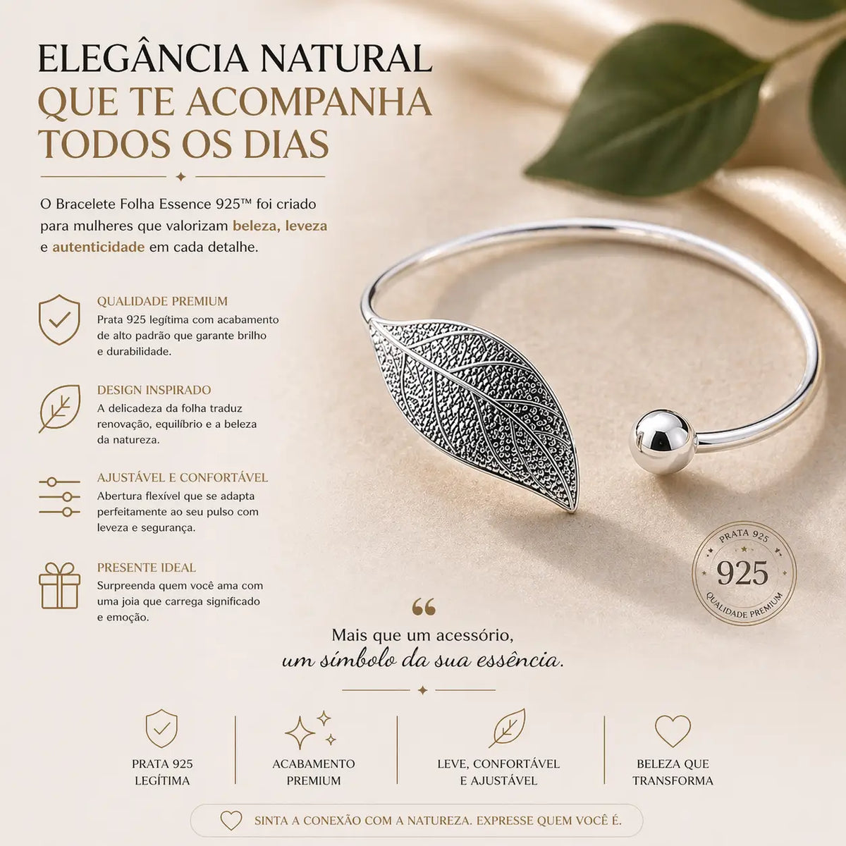 Bracelete feminino folha em prata 925 símbolo de elegância leveza e sofisticação