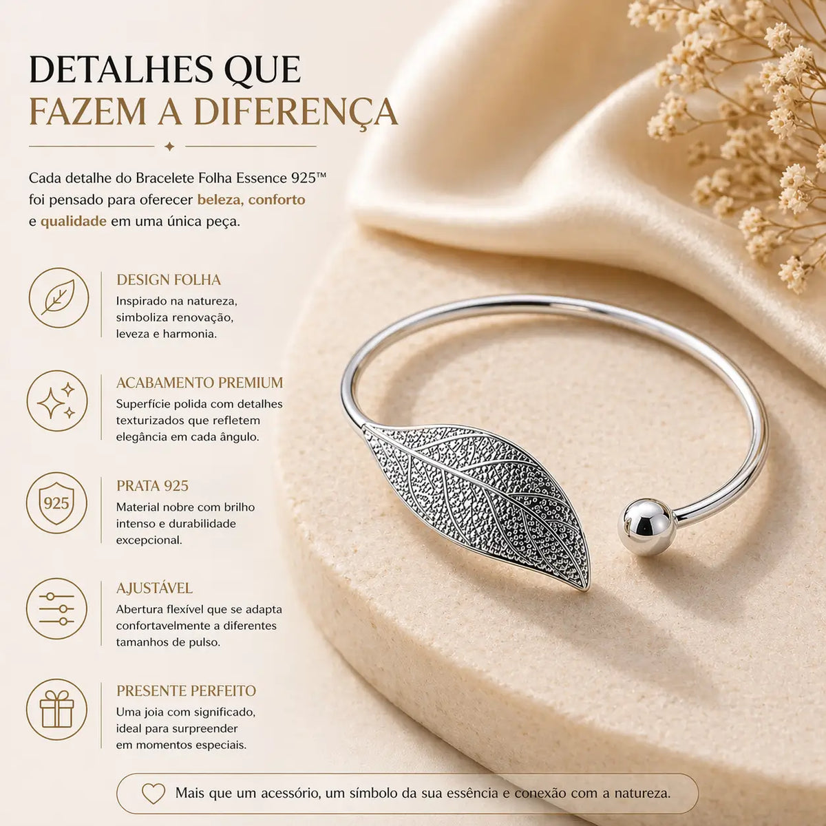 Bracelete folha em prata 925 elegante com inspiração natural e acabamento sofisticado