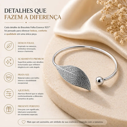 Bracelete folha em prata 925 elegante com inspiração natural e acabamento sofisticado