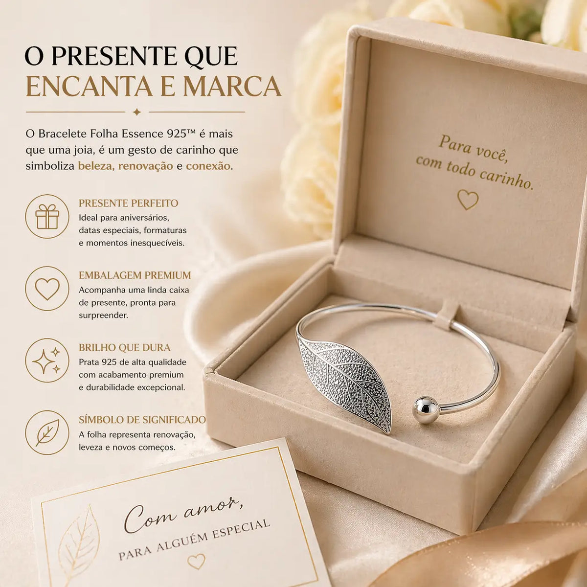 Bracelete folha em prata 925 ideal para presente elegante com embalagem premium