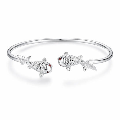 Bracelete feminino Lucky Koi em prata 925 ajustável com design elegante de peixes koi