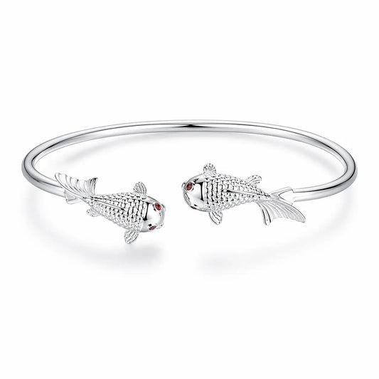 Bracelete feminino Lucky Koi em prata 925 ajustável com design elegante de peixes koi