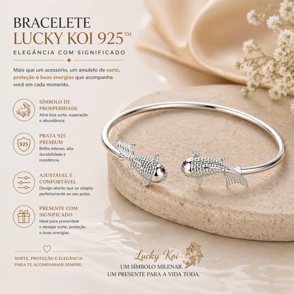 Bracelete feminino Lucky Koi em prata 925 com brilho intenso e acabamento premium