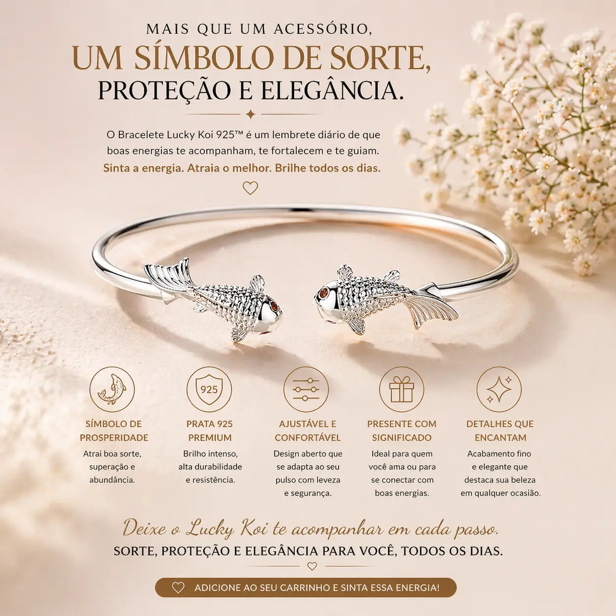 Bracelete Lucky Koi em prata 925 símbolo de sorte proteção e boas energias