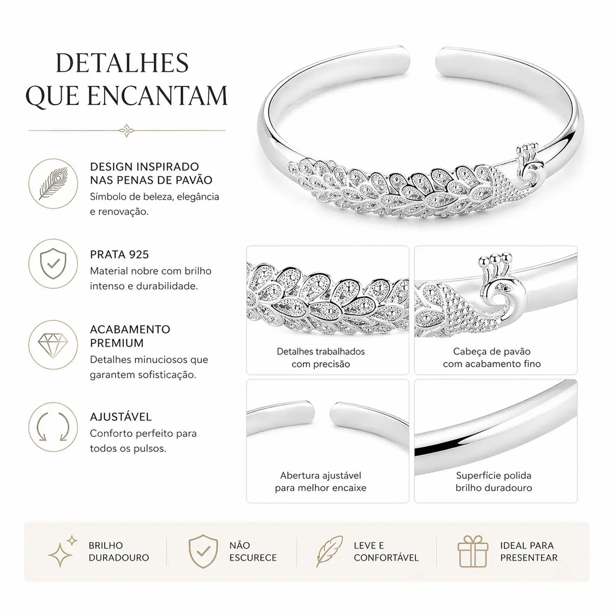 Bracelete pavão em prata 925 ideal para presente elegante e sofisticado
